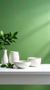 Green Wall with White Vases, Bowls and Green Leaves Still Life Royalty Free Stock Photo