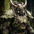 Green Warhammer Statue: Cinematic Composition With Rustic Scenes