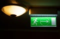 A green warning light board depicting a running man with an arrow. Evacuation sign.