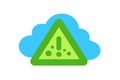 Green warning sign with exclamation mark inside a triangle shape, surrounded by a blue cloud, representing caution and Royalty Free Stock Photo