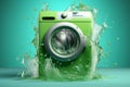 Green washing machine with water running, eco-friendly laundry concept