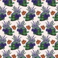 Green water can and lavender in a seamless pattern design