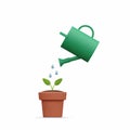 green water can watering small green plant in a clay brown pot. 3d vector illustration Royalty Free Stock Photo