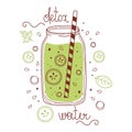 Green water detox drink, fruit smoothie, organic lemonades in glass bottle, jar and jugs with straws. Refreshing summer