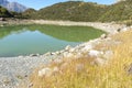 Green water and stony edge of Tasman Lake high in Mount Cook National Park