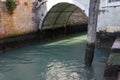 Green water under the bridge in the canal of Venice in summer during quarantine without gondolas and peopl Royalty Free Stock Photo