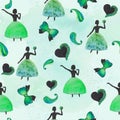 Green watercolor Ballerina with boteh, bow and heart