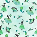 Green watercolor Ballerina with boteh, fan and crown