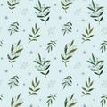 Green watercolor branch with flowers seamless pattern on blue background. Floral botanical design