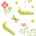 Green watercolor caterpillar with a butterfly. Seamless watercolor pattern with insects. Butterfly caterpillar in