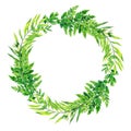 Green watercolor ferns wreath, hand drawn illustration