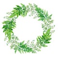 Green watercolor ferns wreath, hand drawn illustration