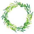 Green watercolor ferns wreath, hand drawn illustration