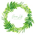 Green watercolor ferns wreath, hand drawn vector illustration