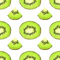 Green watercolor kiwi fruit slice seamless pattern. Realistic botanical watercolour background illustration. Fresh exotic tropical Royalty Free Stock Photo