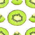 Green watercolor kiwi fruit slice seamless pattern. Realistic botanical watercolour background illustration. Fresh exotic tropical Royalty Free Stock Photo