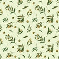 Green watercolor olive branch seamless pattern on green background. Floral botanical design