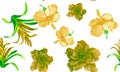 Green Watercolor Print. Orange Flower Leaf. Blue Seamless Foliage. Autumn Pattern Plant. Colorful Tropical Illustration. Yellow Is Royalty Free Stock Photo