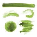 Green watercolor shapes, splotches, stains, paint brush strokes. Abstract watercolor texture backgrounds set.