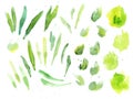 Green watercolor splash texture. Hand drawn yellow and green blots drawing vector art.