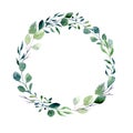 Green watercolor wreath. Composition of fresh summer foliage and tree branches