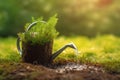 a green watering can covered with moss and soil pours water onto a patch of freshly planted grass against a brown soil background