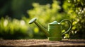 A green watering can rests on a wooden surface surrounded by lush green foliage during daytime Royalty Free Stock Photo