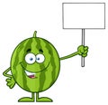 Green Watermelon Fresh Fruit Cartoon Mascot Character Holding A Blank Sign. Royalty Free Stock Photo