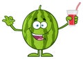 Green Watermelon Fresh Fruit Cartoon Mascot Character Presenting And Holding Up A Glass Of Juice Royalty Free Stock Photo