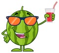 Green Watermelon Fresh Fruit Cartoon Mascot Character With Sunglasses Presenting And Holding Up A Glass Of Juice Royalty Free Stock Photo