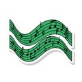Green Wavy Music Staff with Notes and Shadows on White Background Royalty Free Stock Photo