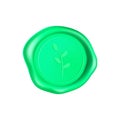 Green wax seal with branch. Wax seal stamp isolated on white background. Realistic guaranteed green stamp. Realistic 3d