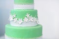 Green wedding cake decorated with white flowers