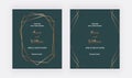 Green wedding invitation cards with golden polygonal frame and geometric lines. Trendy templates for banner, flyer, poster, save t