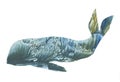 Green whale with a large tail, illustration watercolor Royalty Free Stock Photo