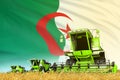 green wheat agricultural combine harvester on field with Algeria flag background, food industry concept - industrial 3D