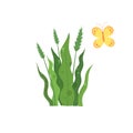 Green wheat plant near colorful butterfly icon, cartoon style