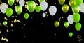 Green and white balloons with golden ribbons and confetti on black background Royalty Free Stock Photo