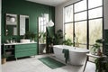 a green-and-white bathroom, with a sleek modern vanity and natural elements for a fresh and calming look