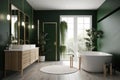 a green-and-white bathroom, with a sleek modern vanity and natural elements for a fresh and calming look