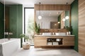 a green-and-white bathroom, with a sleek modern vanity and natural elements for a fresh and calming look