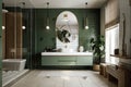 a green-and-white bathroom, with a sleek modern vanity and natural elements for a fresh and calming look