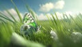 a green and white butterfly sitting on top of a lush green grass covered field with a bright blue sky in the background and a few Royalty Free Stock Photo