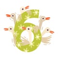 Number 6 and six geese. Vector illustration on a white background. Royalty Free Stock Photo