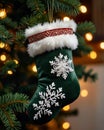 a green and white glove hanging from a christmas tree Royalty Free Stock Photo