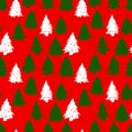 Green and white grunge spruce forest on red background. Christmas tree seamless pattern. Vector illustration. Royalty Free Stock Photo