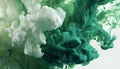 Green and white ink diffusing in water, forming swirling clouds. Royalty Free Stock Photo