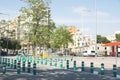 Green and white pivots channeling traffic on Avenida de la Meridiana in Barcelona