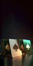 Green and White Playing Cards with Golden Spade Symbol on Dark Background and Copy Space. Casino Game or Gambling Concept.