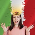 Emotional, excited young girl with plate with delicious pasta isolated italian flag background. Concept of worldwide Royalty Free Stock Photo